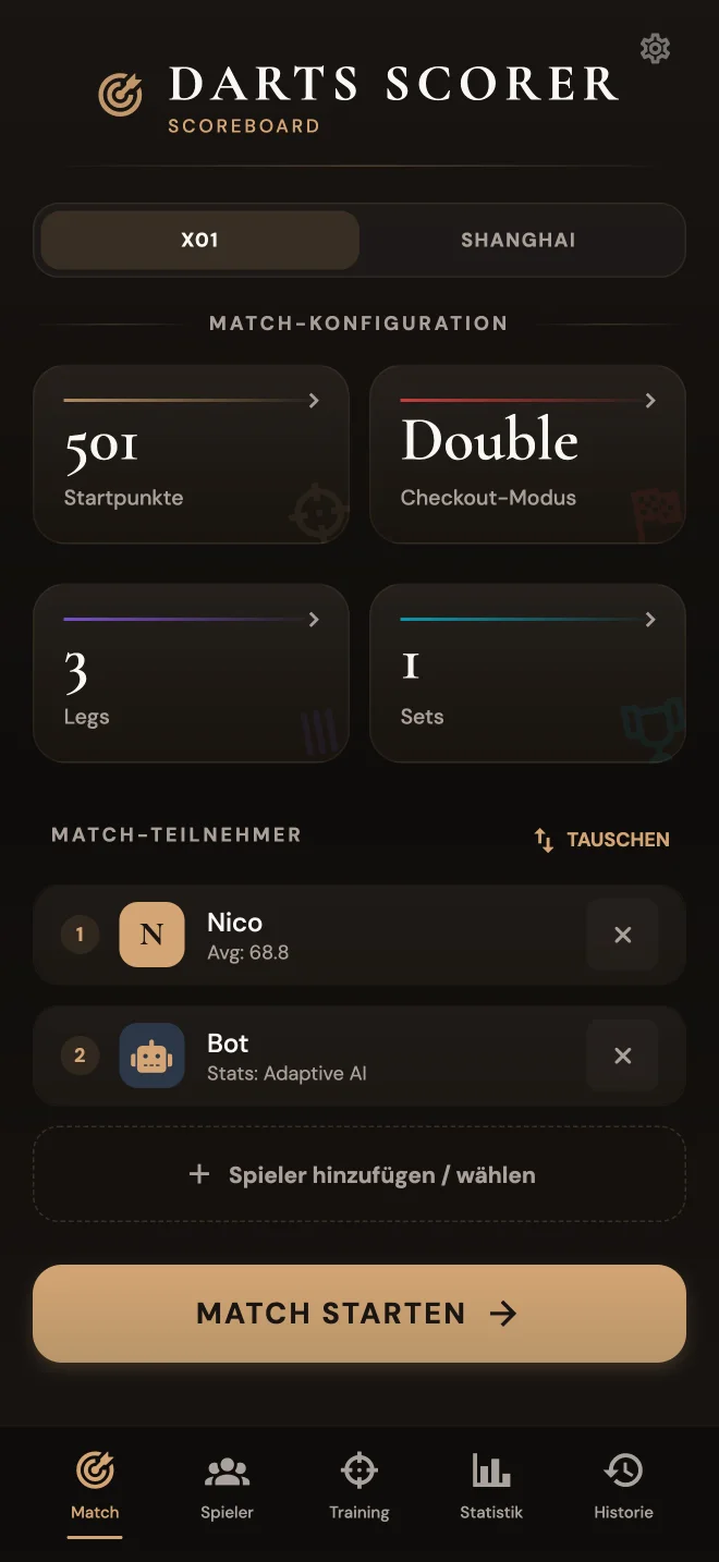 Screenshot der App: Match-Konfiguration mit 501, Double Out, 3 Legs, 1 Set und zwei Spielern