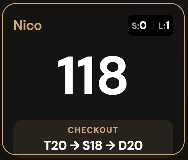 Close-up: checkout suggestion T20 → S18 → D20 on 118