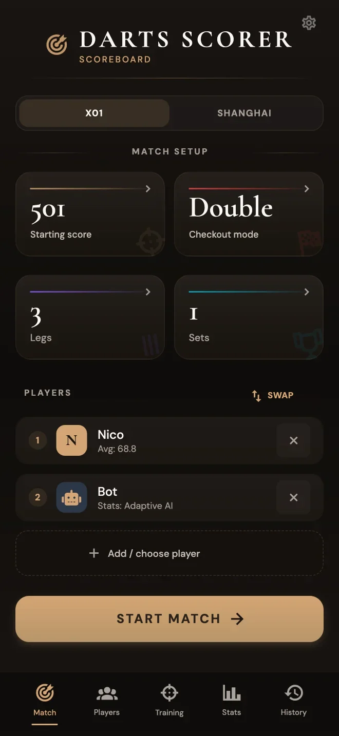 App screenshot: match setup with 501, double out, 3 legs, 1 set and two players